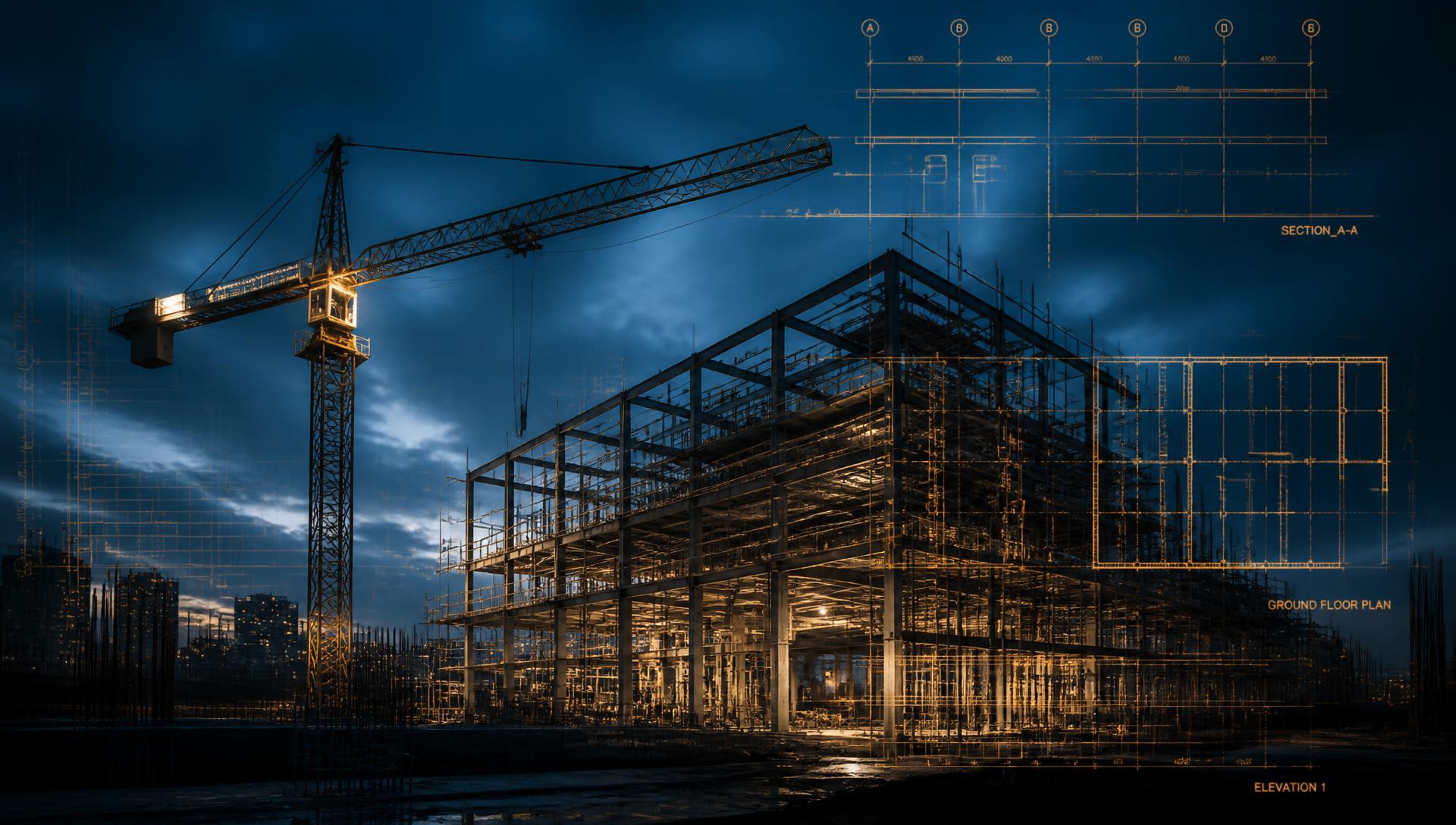 Steel frame construction site at dusk overlaid with blueprint linework