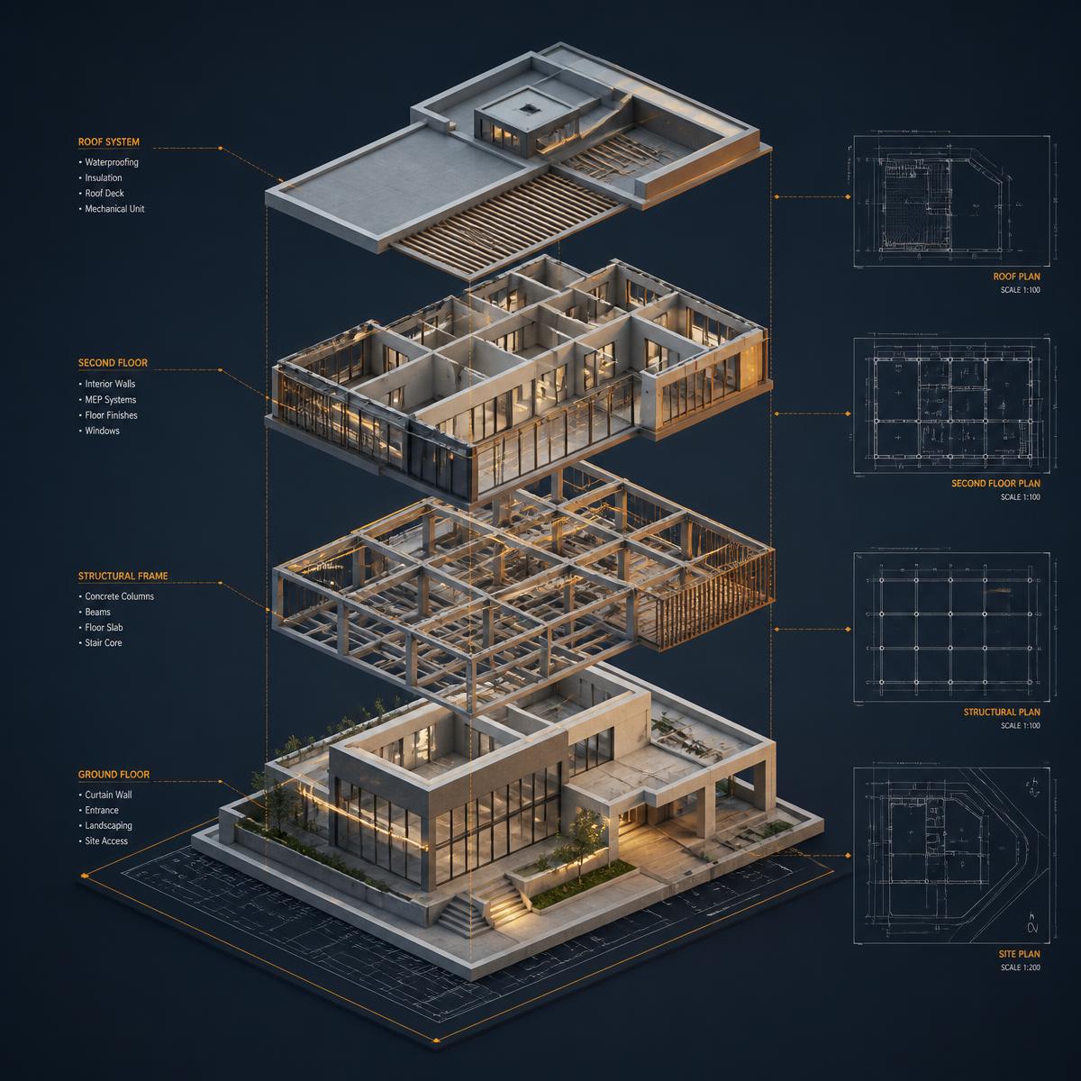 Exploded 3D isometric view of a building showing structure, floors and roof systems
